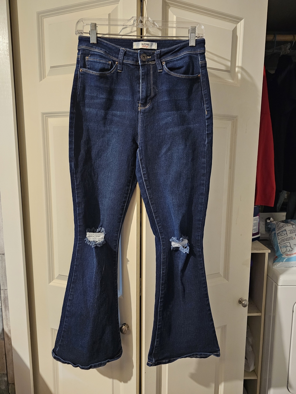 High-Rise Dark Blue Distressed Flare Jeans - Women's